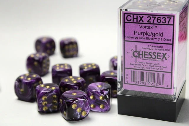 Chessex: Vortex Purple/Gold 16mm d6 Dice Block (12 Dice)