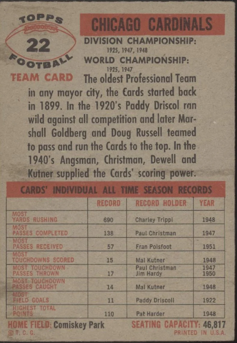 Chicago Cardinals 1956 Topps Team Card #22 VG - Image 2