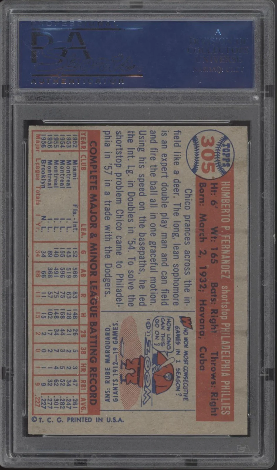 Chico Fernandez 1957 Topps #305 PSA 7 - Image 2