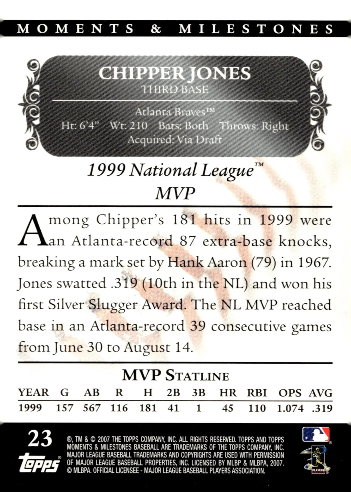 Chipper Jones 2007 Topps Moments & Milestones 85 Hits 06/29 #23 - Image 2