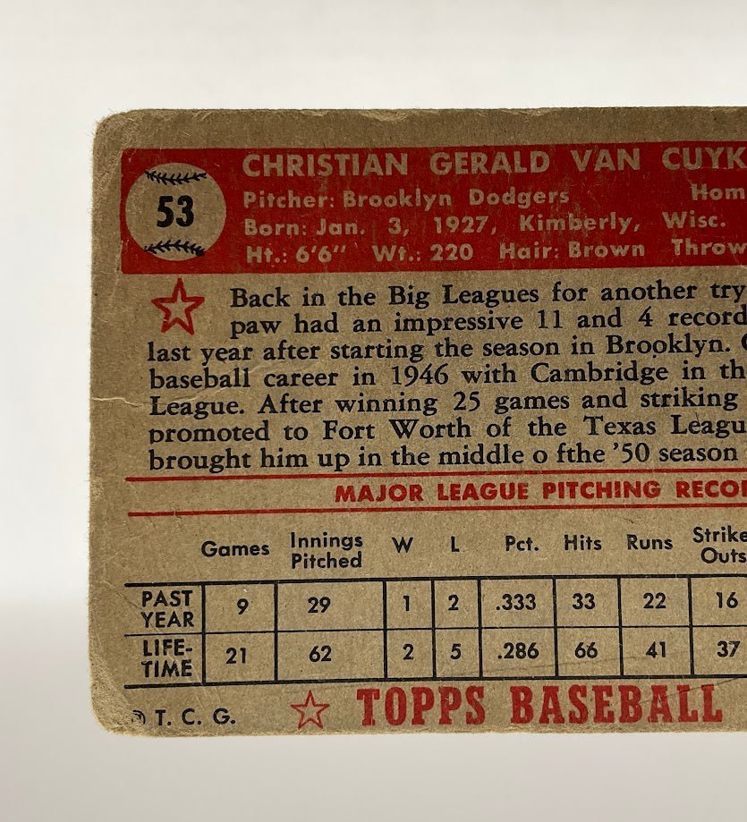 Chris Van Cuyk 1952 Topps RC #53 Brooklyn Dodgers PR #4 - Image 6