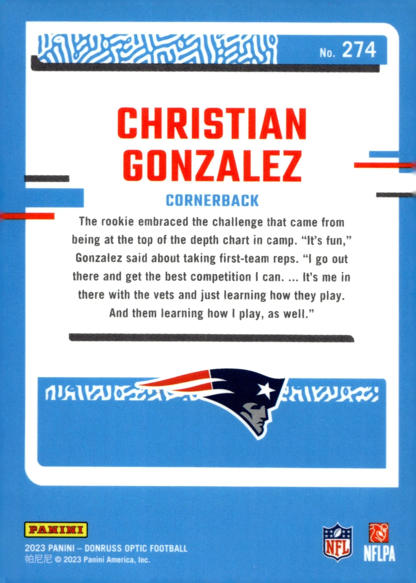Christian Gonzalez 2023 Panini Donruss Optic Rated Rookie RC #274 - Image 2