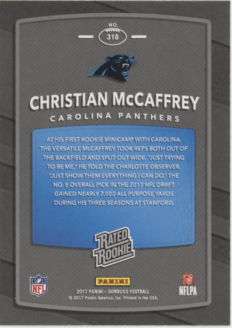 Christian McCaffrey 2017 Panini Donruss Rated Rookie RC #318 #2 - Image 2