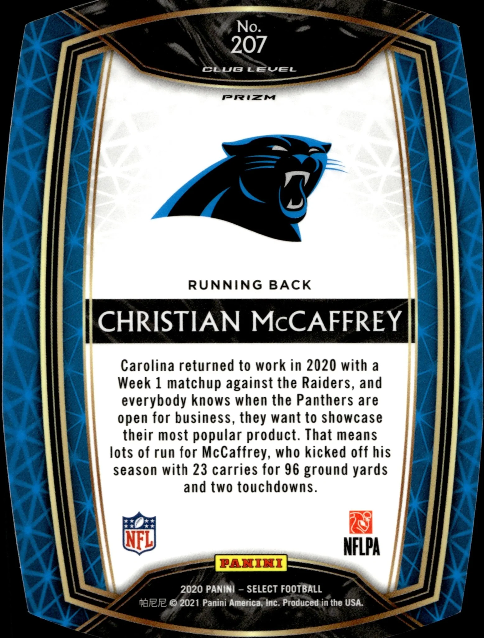 Christian McCaffrey 2020 Panini Select Die-Cut White Prizm #207 - Image 2