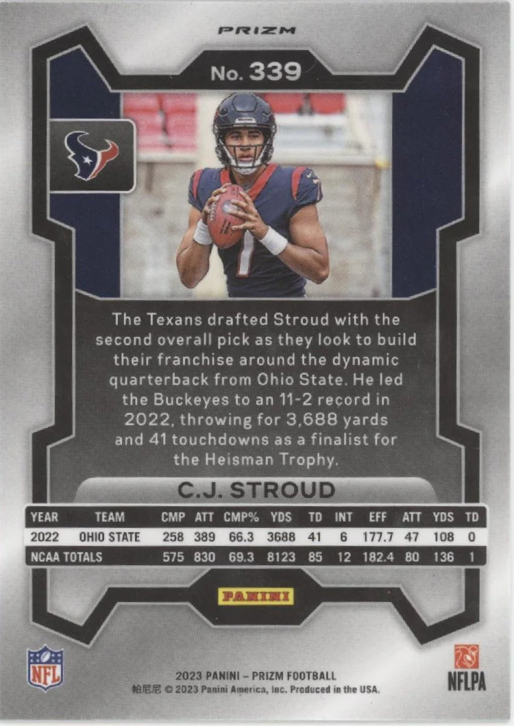 CJ Stroud 2023 Panini Prizm Silver Prizm RC #339 - Image 2