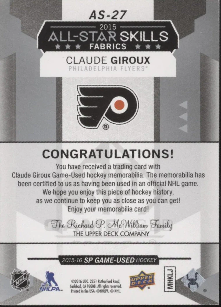 Claude Giroux 2015-16 Upper Deck SP Game-Used All Star Skills Swatch #AS-27 - Image 2
