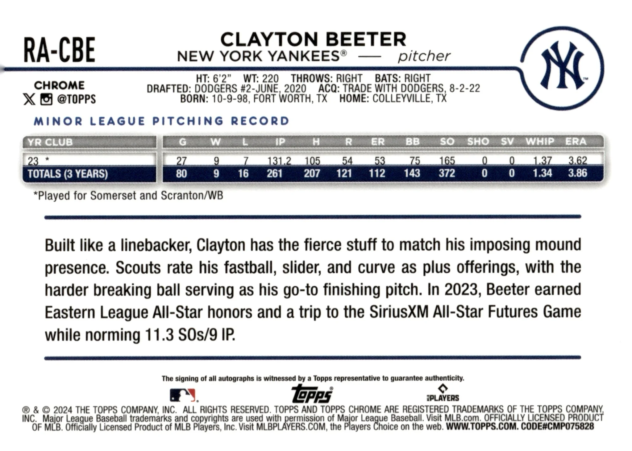 Clayton Beeter 2024 Topps Chrome RC Auto #RA-CBE - Image 2