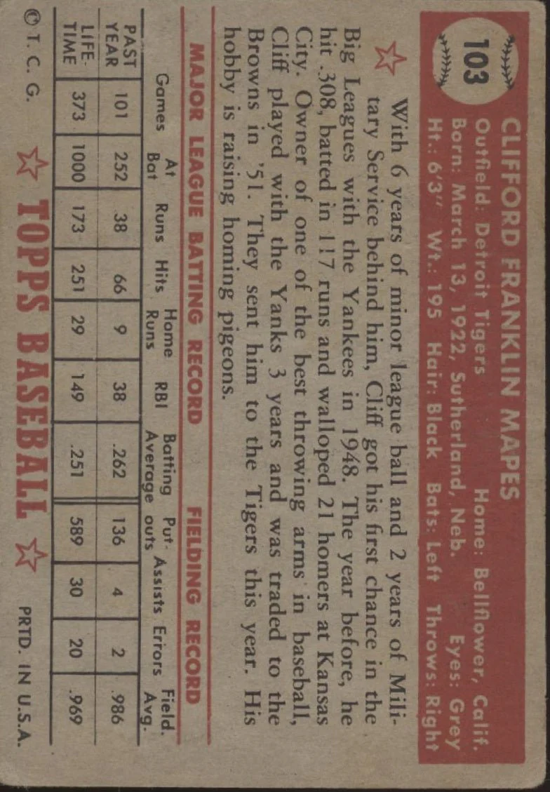 Cliff Mapes 1952 Topps #103 Detroit Tigers VG - Image 2
