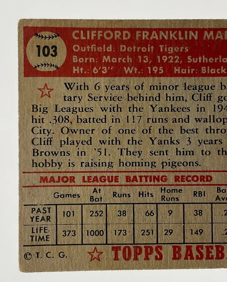 Cliff Mapes 1952 Topps #103 Detroit Tigers VG - Image 5