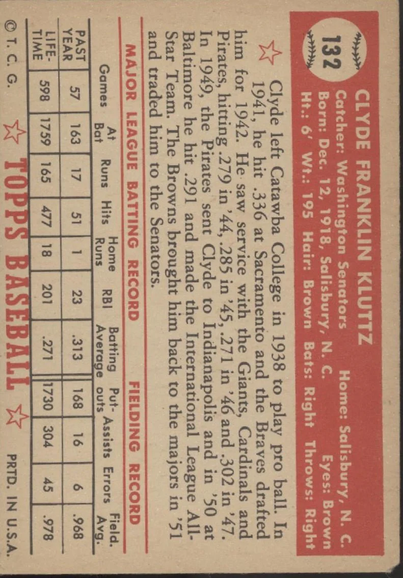 Clyde Kluttz 1952 Topps RC #132 Washington Senators VG - Image 2