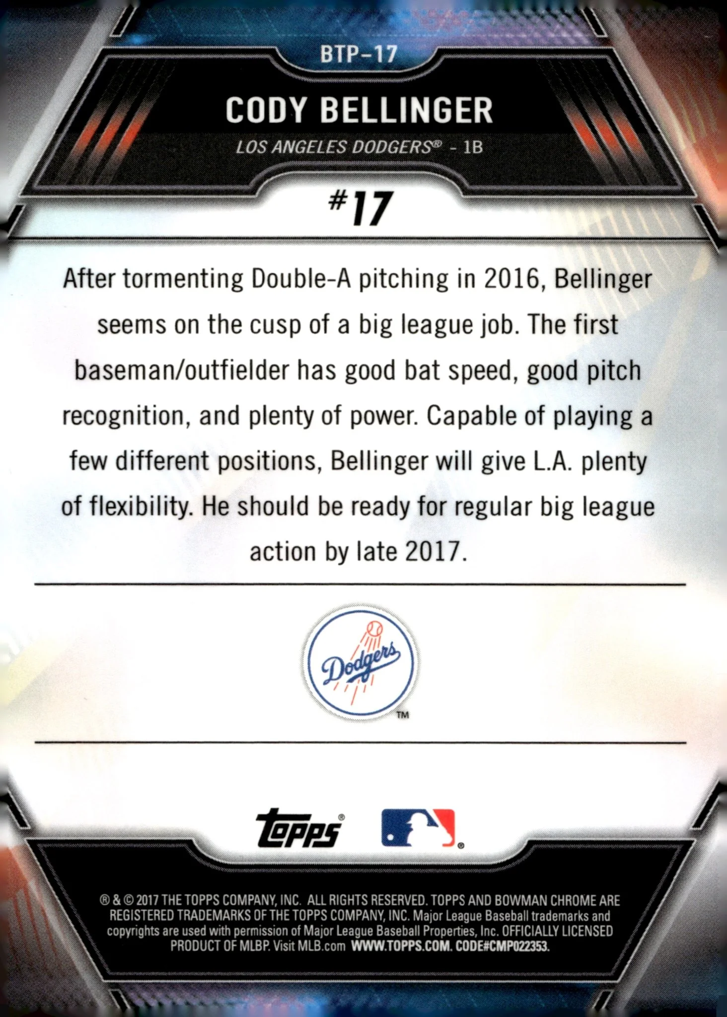 Cody Bellinger 2017 Bowman Chrome Bowman Scouts' Top 100 Refractor #BTP-17 - Image 2