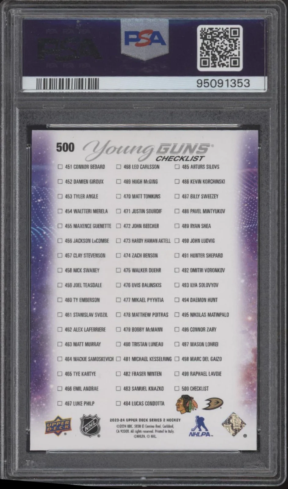 Connor Bedard / Leo Carlsson 2023-24 Upper Deck Series 2 Young Guns RC PSA 9 - Image 2