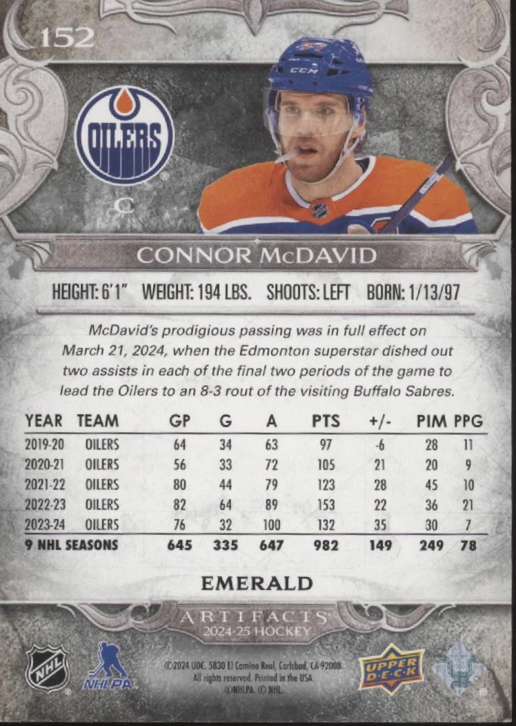 Connor McDavid 2024-25 Upper Deck Artifacts Emerald 116/149 #152 - Image 2