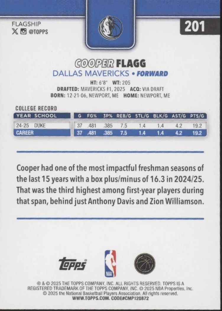 Cooper Flagg 2025 Topps Flagship RC #201 #2 - Image 2