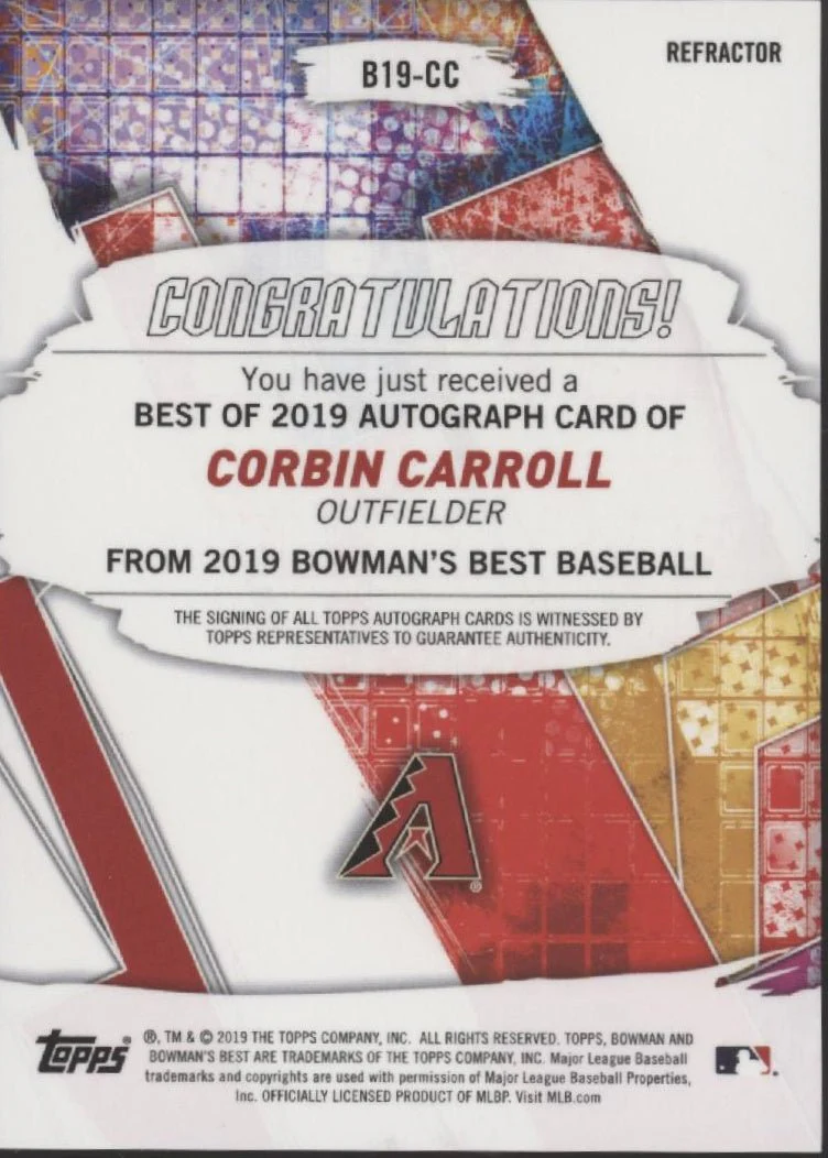 Corbin Carroll 2019 Bowman's Best Refractor Auto #B19-CC - Image 2