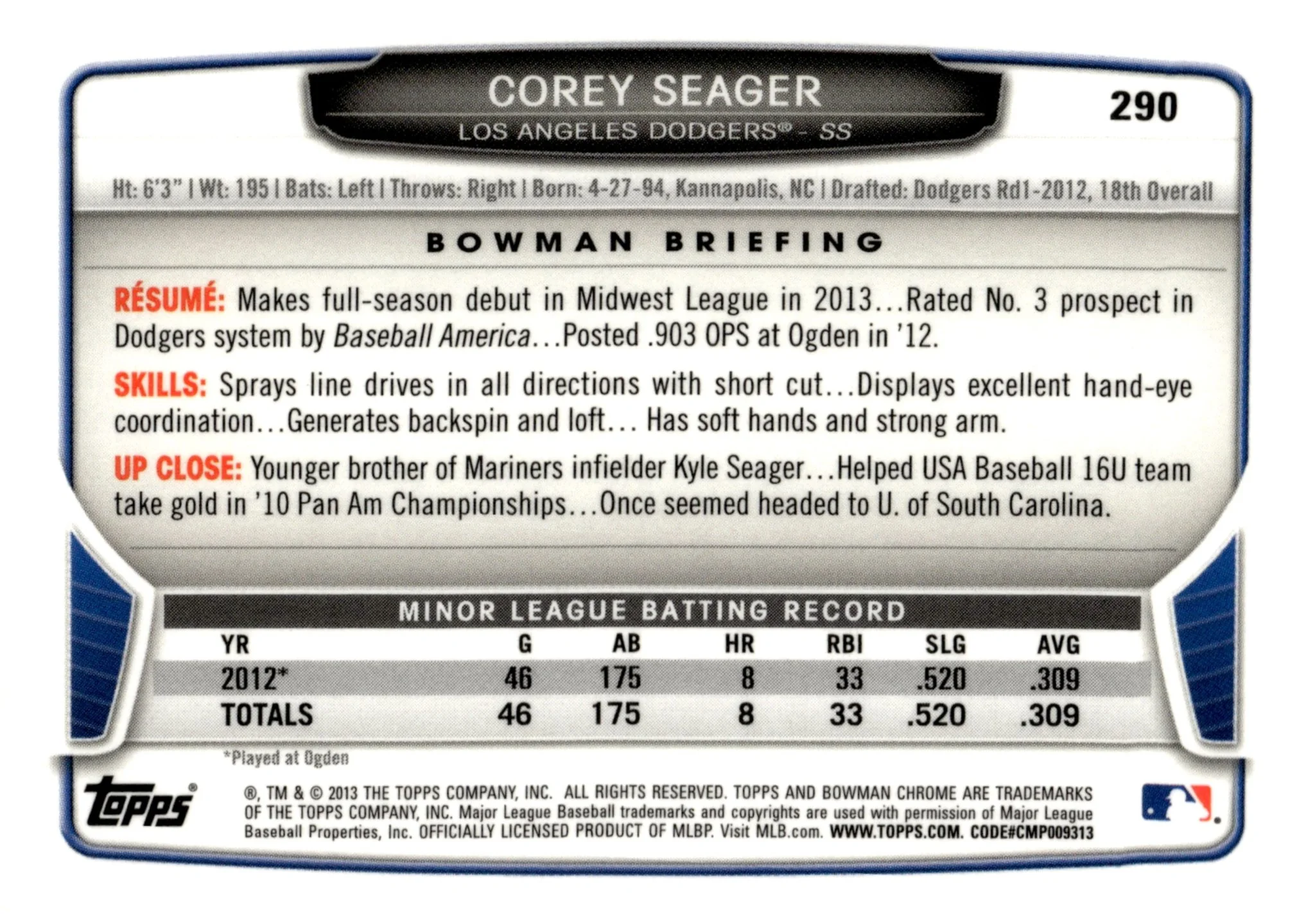 Corey Seager 2013 Bowman Chrome Mini #290 - Image 2