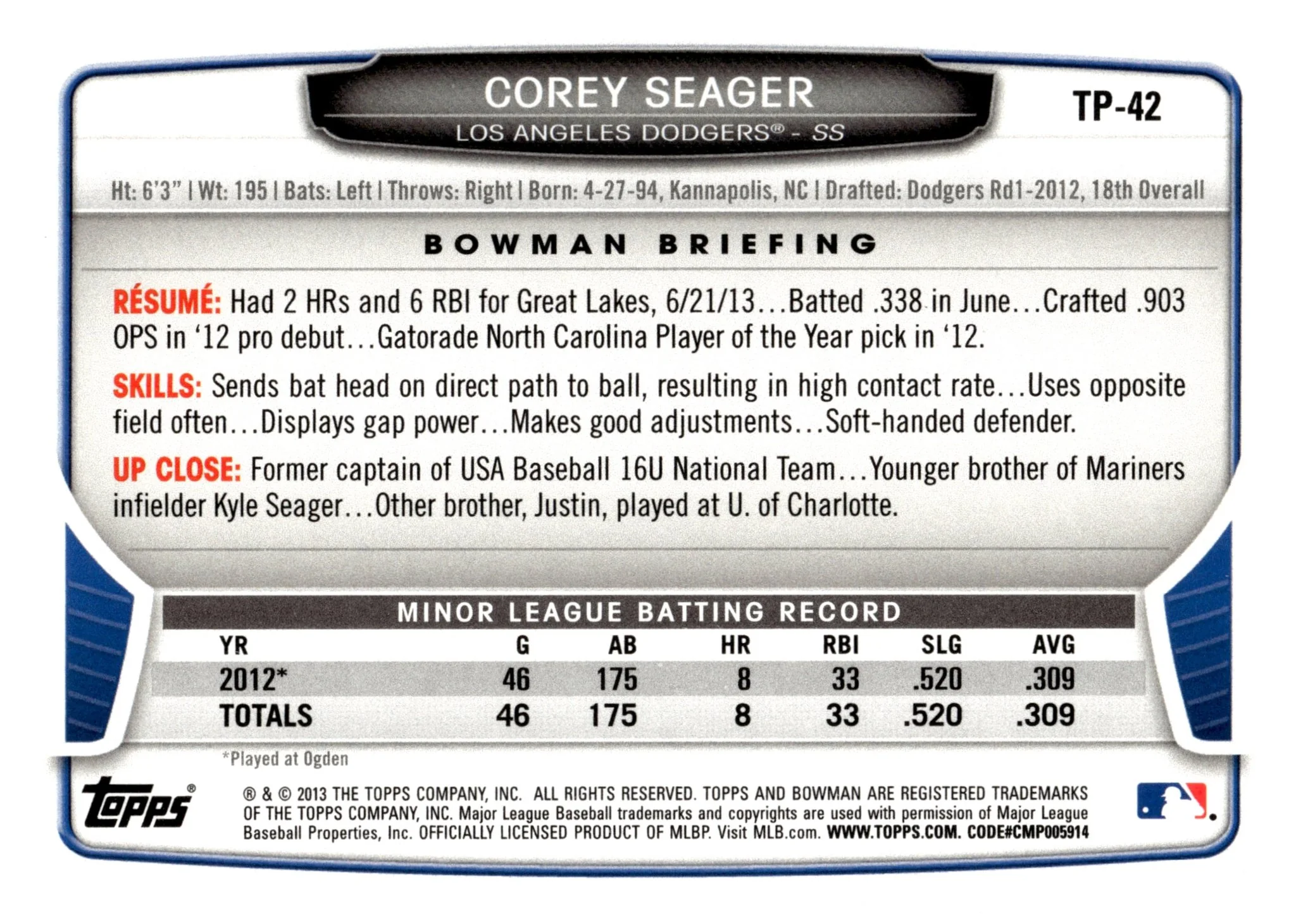 Corey Seager 2013 Bowman #TP-42 - Image 2