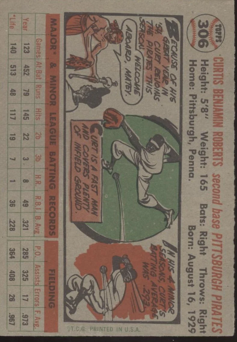 Curt Roberts 1956 Topps #306 Pittsburgh Pirates VG-EX - Image 2