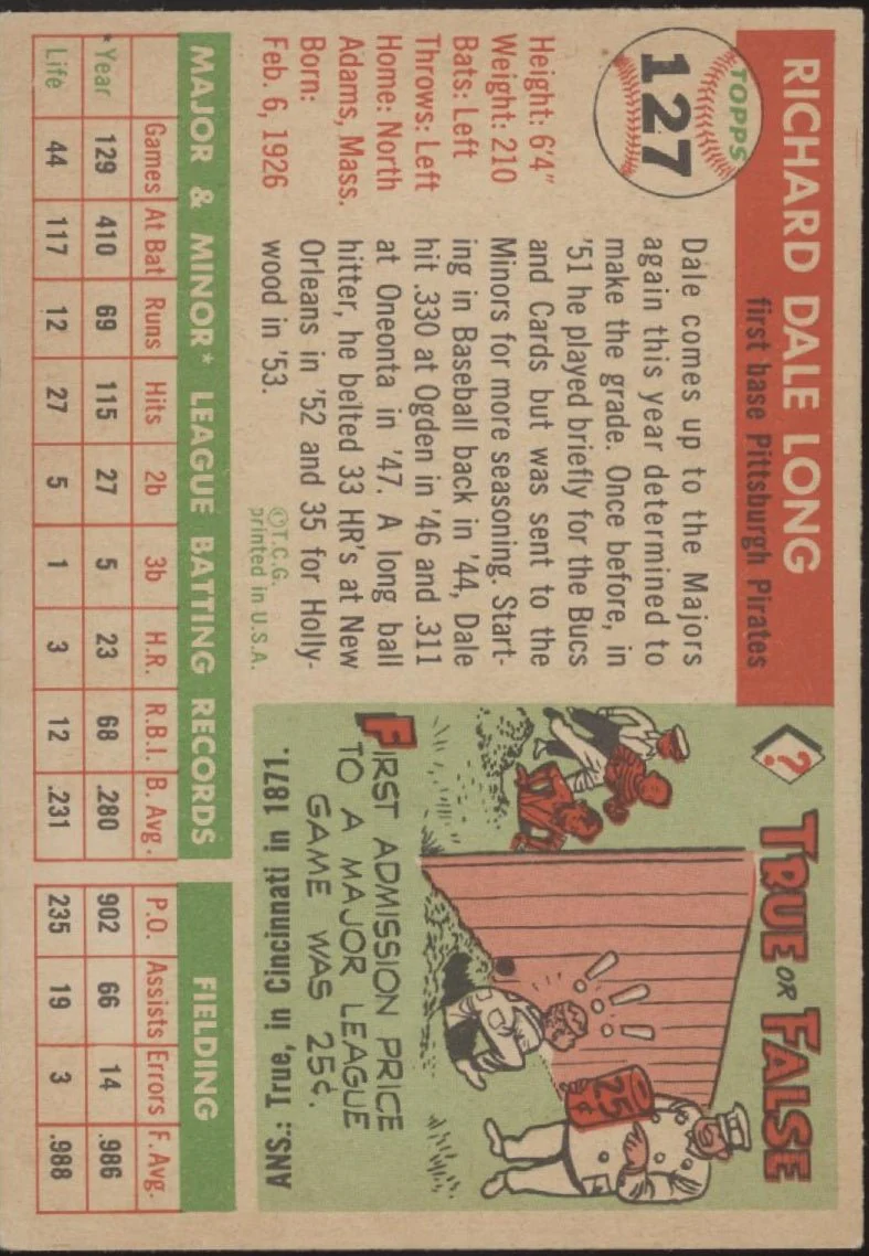 Dale Long 1955 Topps RC #127 Pittsburgh Pirates EX #3 - Image 2