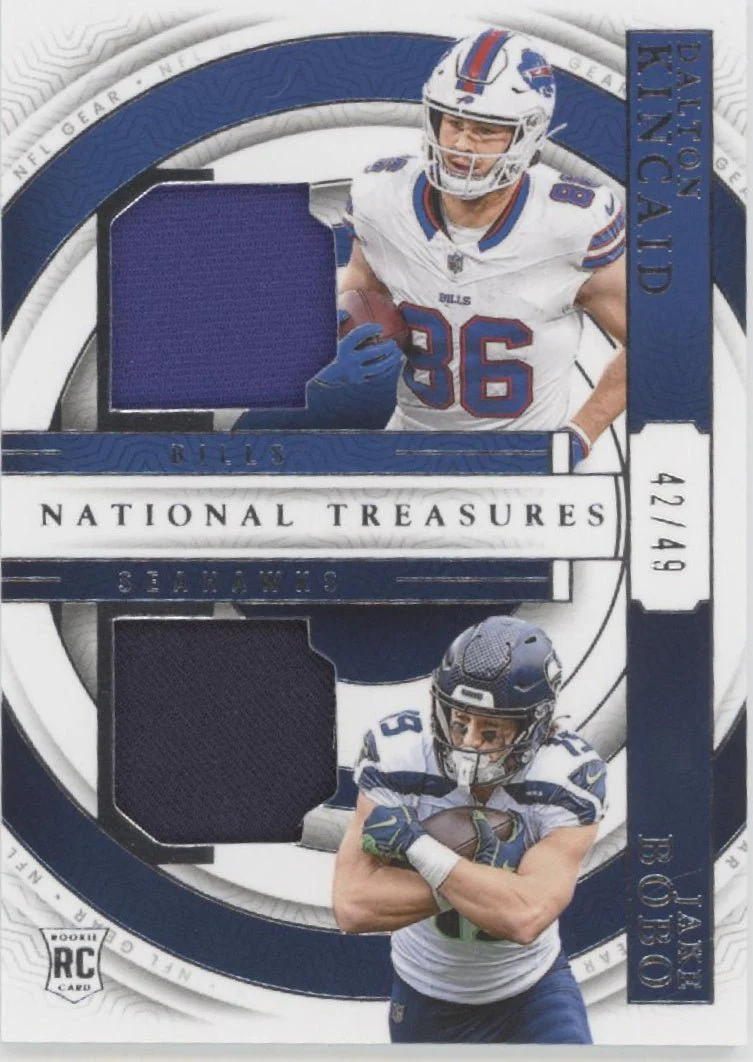 Dalton Kincaid / Jake Bobo 2023 Panini National Treasures NFL Gear Swatch RC /49