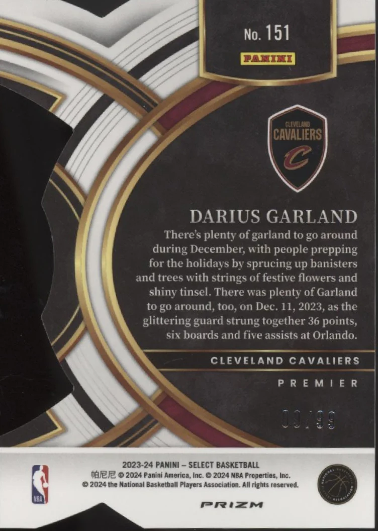 Darius Garland 2023-24 Panini Select Die-Cut Purple Prizm 09/99 #151 - Image 2