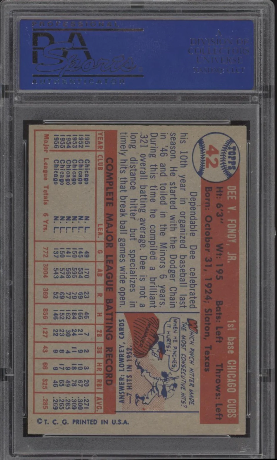 Dee Fondy 1957 Topps #42 PSA 7 - Image 2