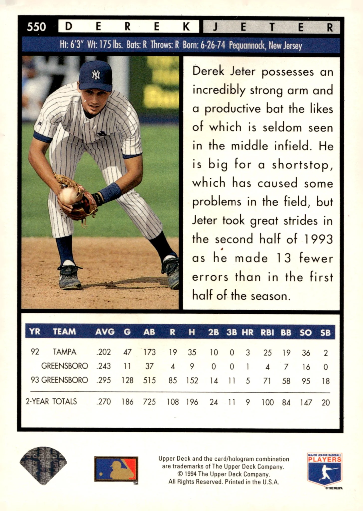 Derek Jeter 1994 Upper Deck Top Prospects #550 #2 - Image 2