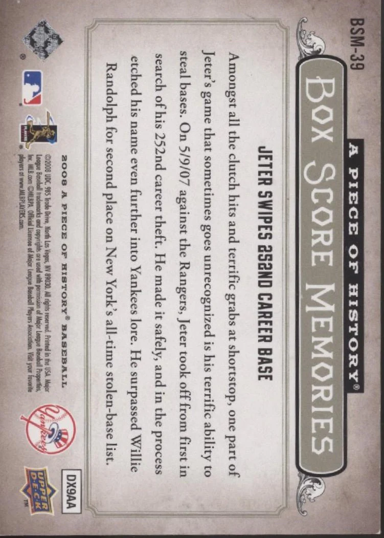 Derek Jeter 2008 Upper Deck A Piece of History Box Score Memories 616/699 - Image 2