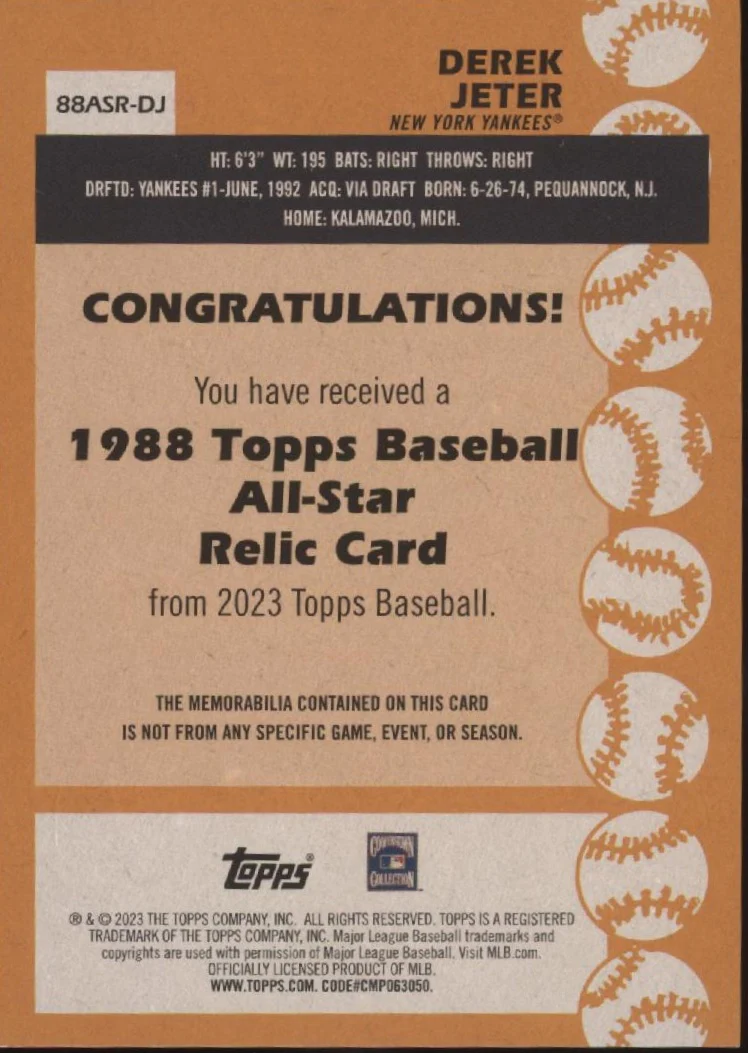 Derek Jeter 2023 Topps 1988 All-Star Swatch #88ASR-DJ - Image 2