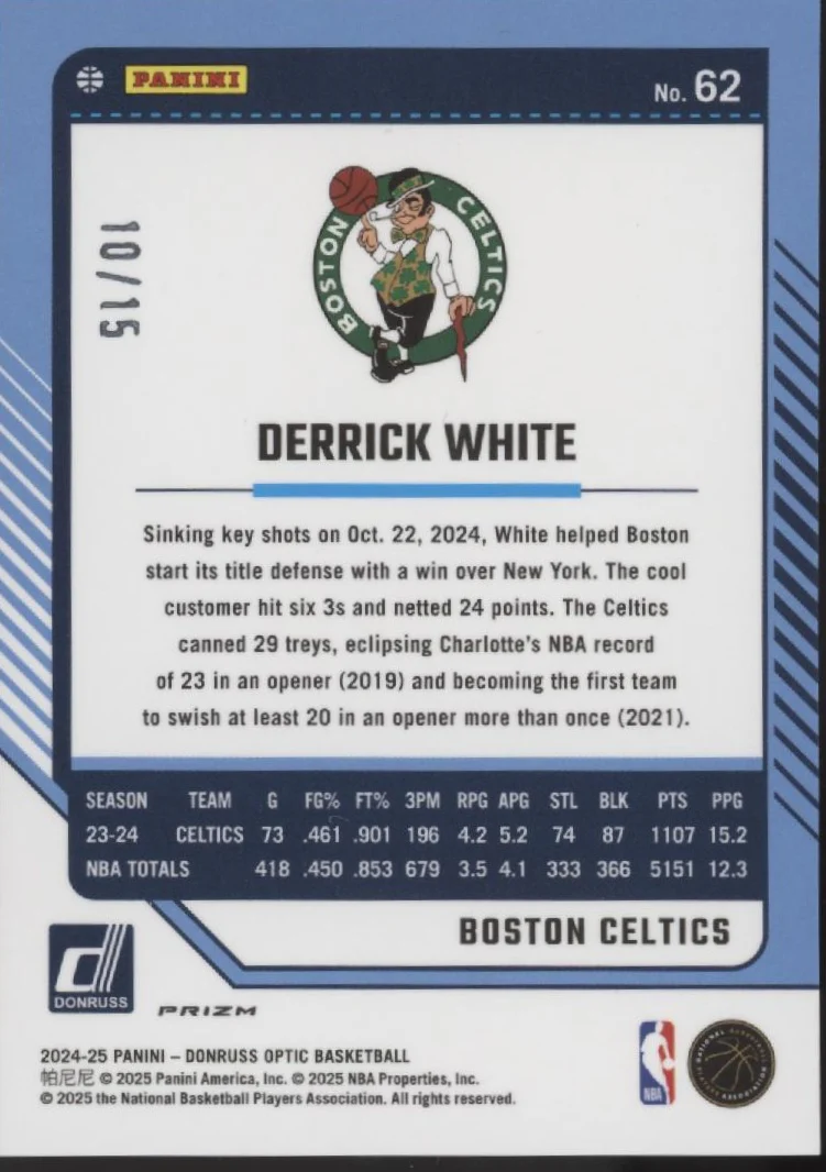 Derrick White 2024-25 Panini Donruss Optic White International 10/15 #62 - Image 2