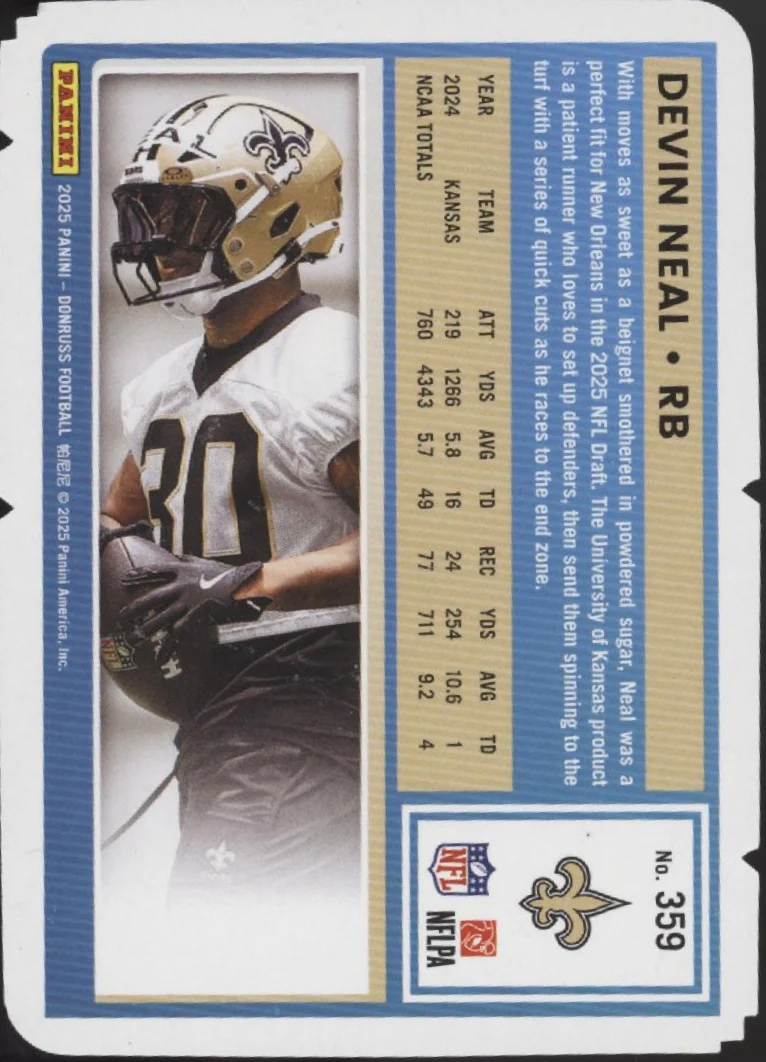 Devin Neal 2025 Panini Donruss Rated Rookie Press Proof Holo Die-Cut RC 83/99 - Image 2