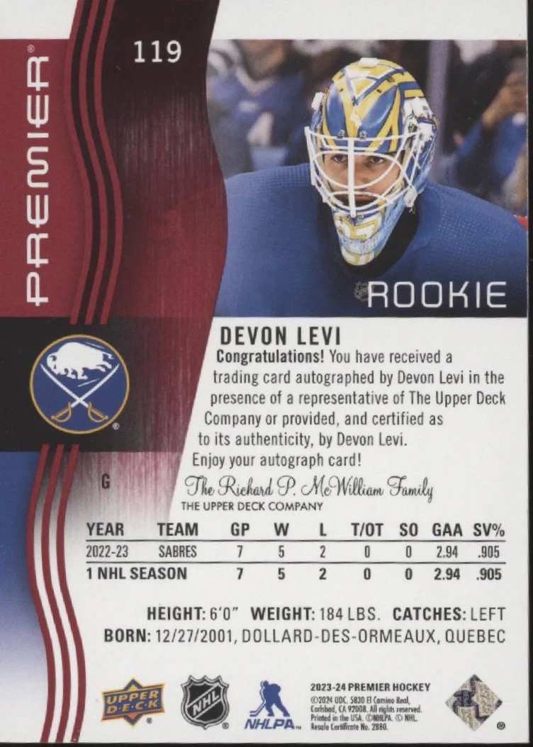 Devon Levi 2023-24 Upper Deck Premier Red RC Auto #119 - Image 2