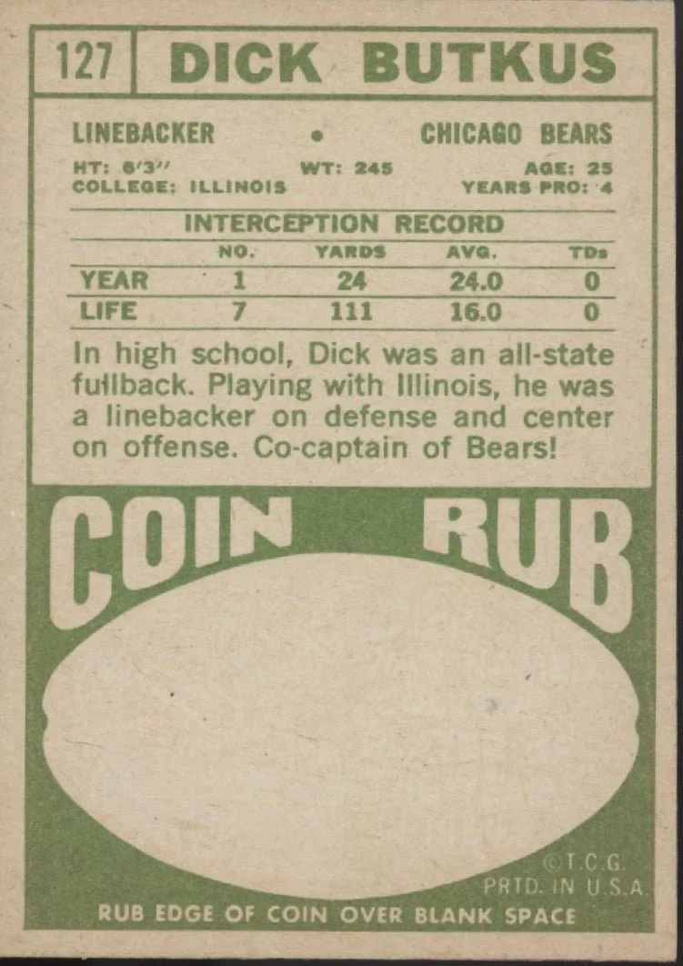 Dick Butkus 1968 Topps #127 Chicago Bears VG-EX - Image 2