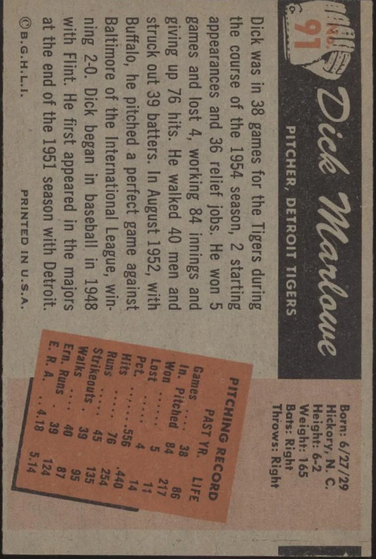 Dick Marlowe 1955 Bowman #91 Detroit Tigers EX - Image 2