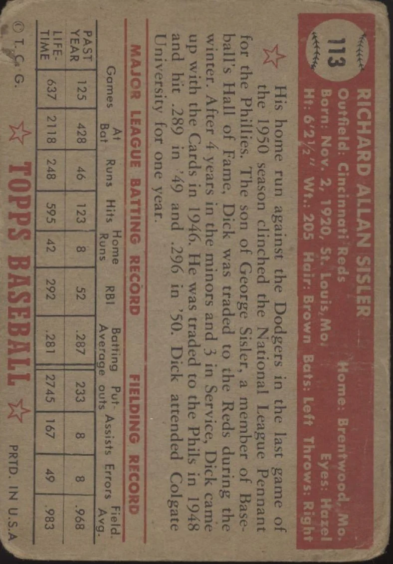 Dick Sisler 1952 Topps #113 Cincinnati Reds GD - Image 2