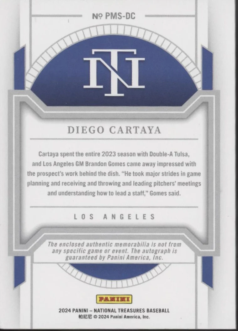 Diego Cartaya 2024 Panini National Treasures Swatch Auto 03/99 #PMS-DC - Image 2