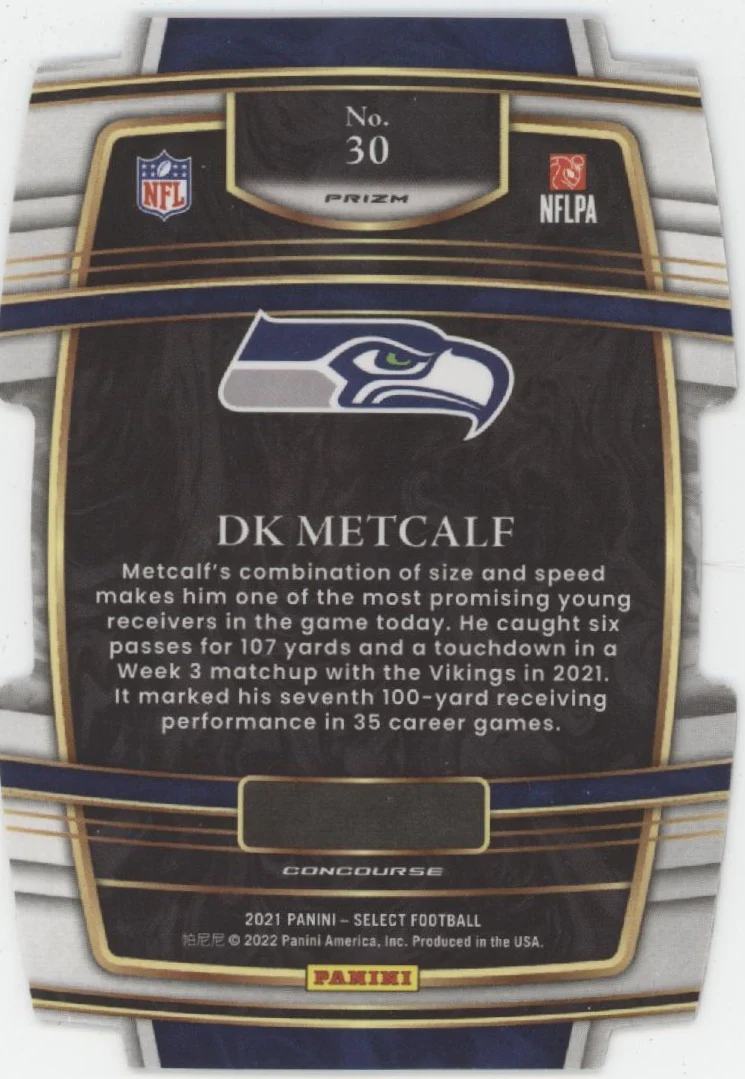 DK Metcalf 2021 Panini Select Zebra Wave Prizm Die-Cut #30 - Image 2