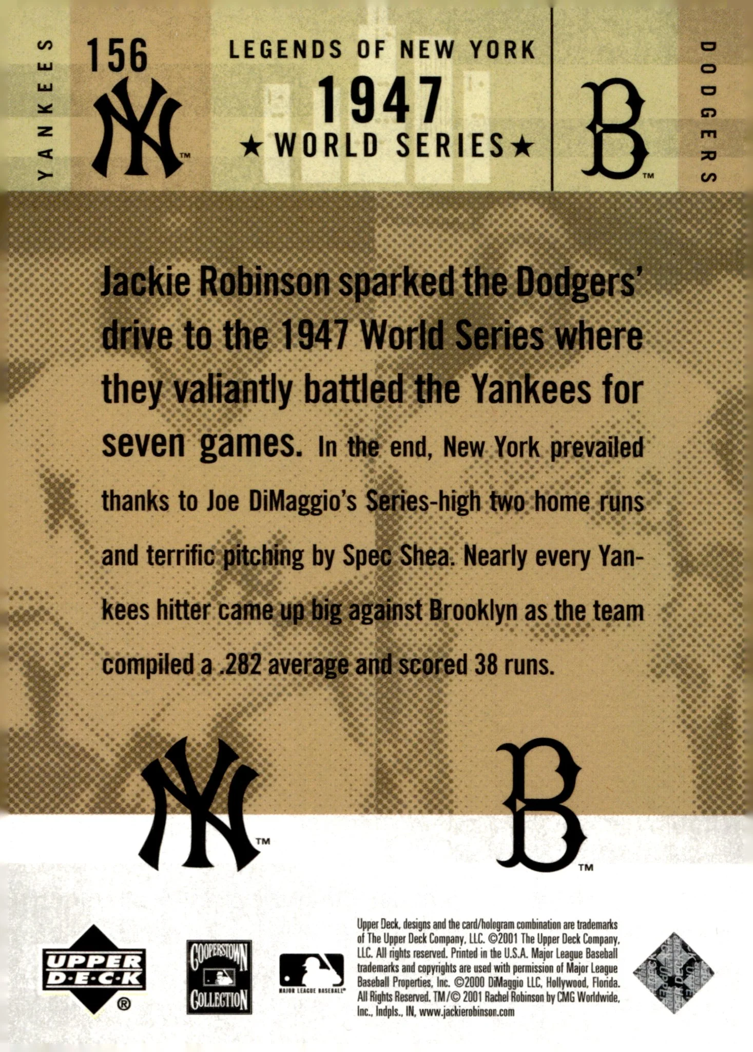Doe DiMaggio / Jackie Robinson 2001 Upper Deck Legends of New York #156 - Image 2