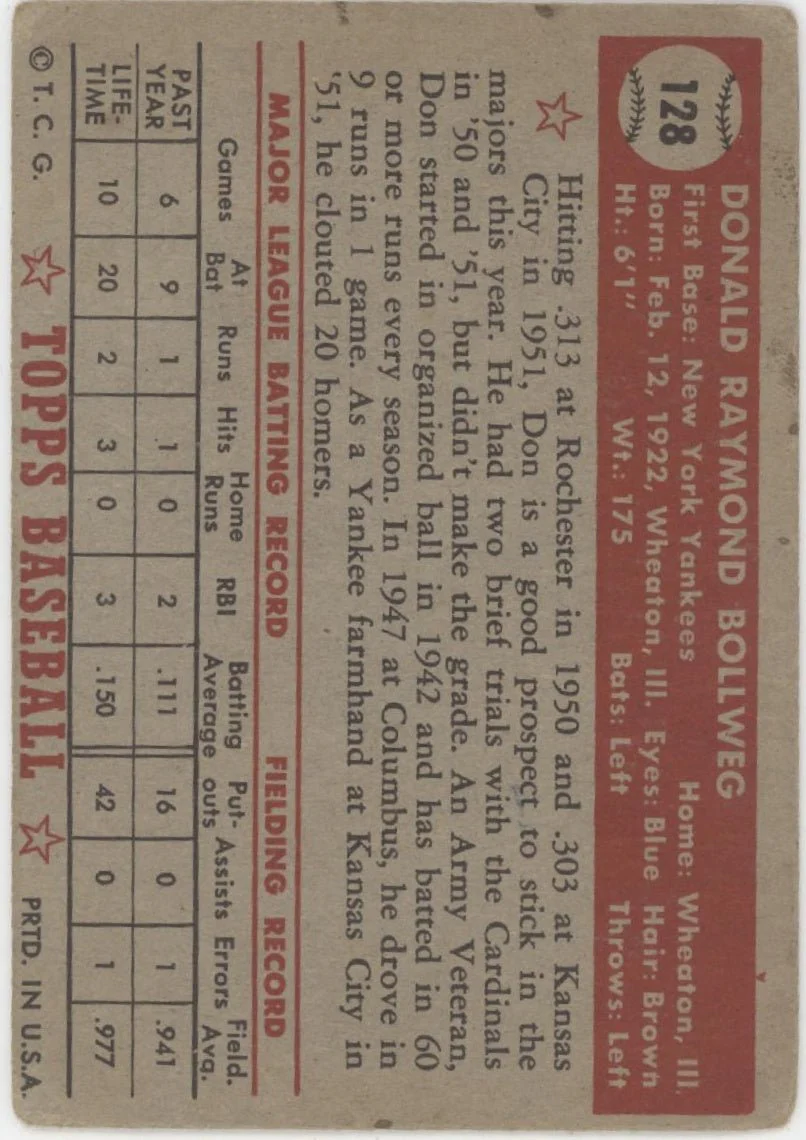 Don Bollweg 1952 Topps RC #128 New York Yankees VG #1 - Image 2