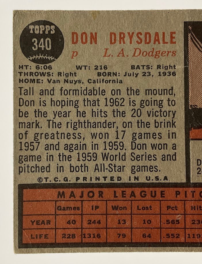 Don Drysdale 1962 Topps #340 Los Angeles Dodgers VG - Image 6