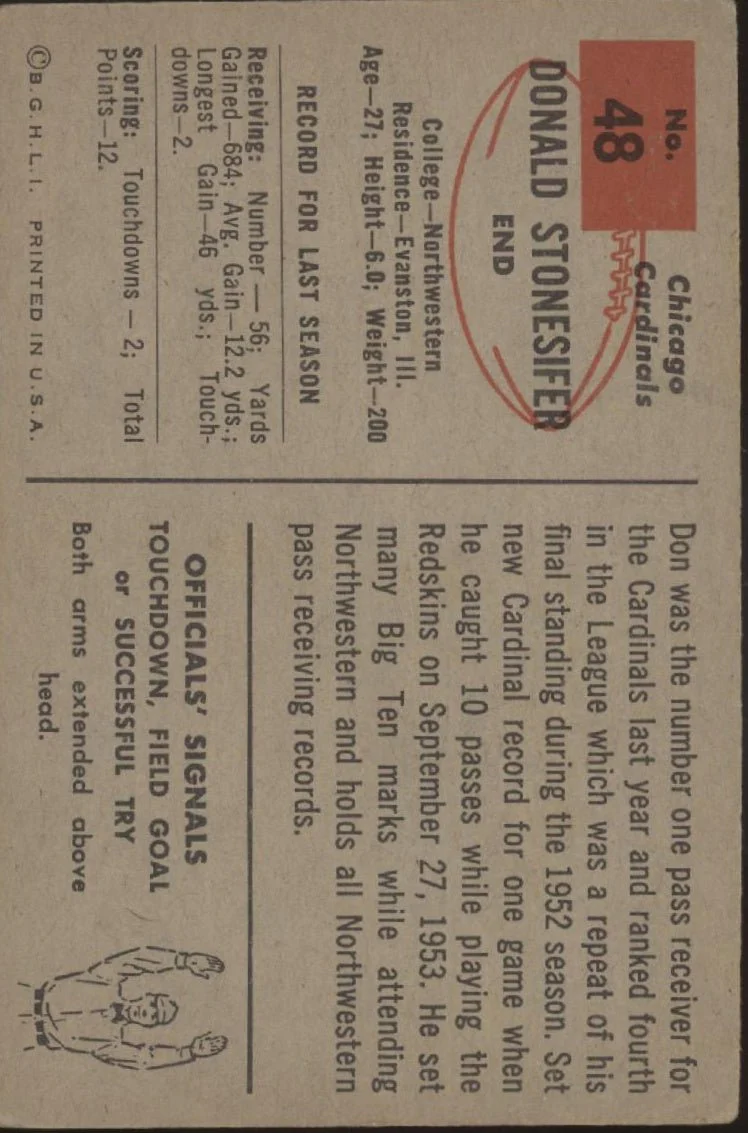 Don Stonesifer 1954 Bowman #48 Chicago Cardinals EX - Image 2