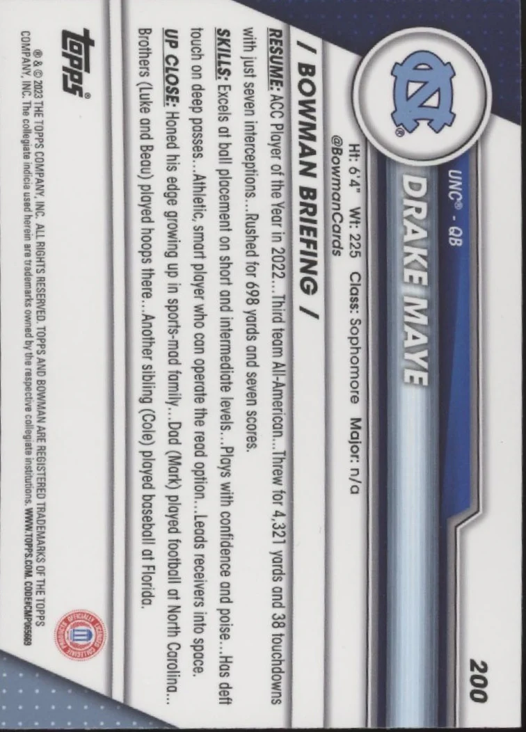 Drake Maye 2023 Bowman Chrome University #200 - Image 2