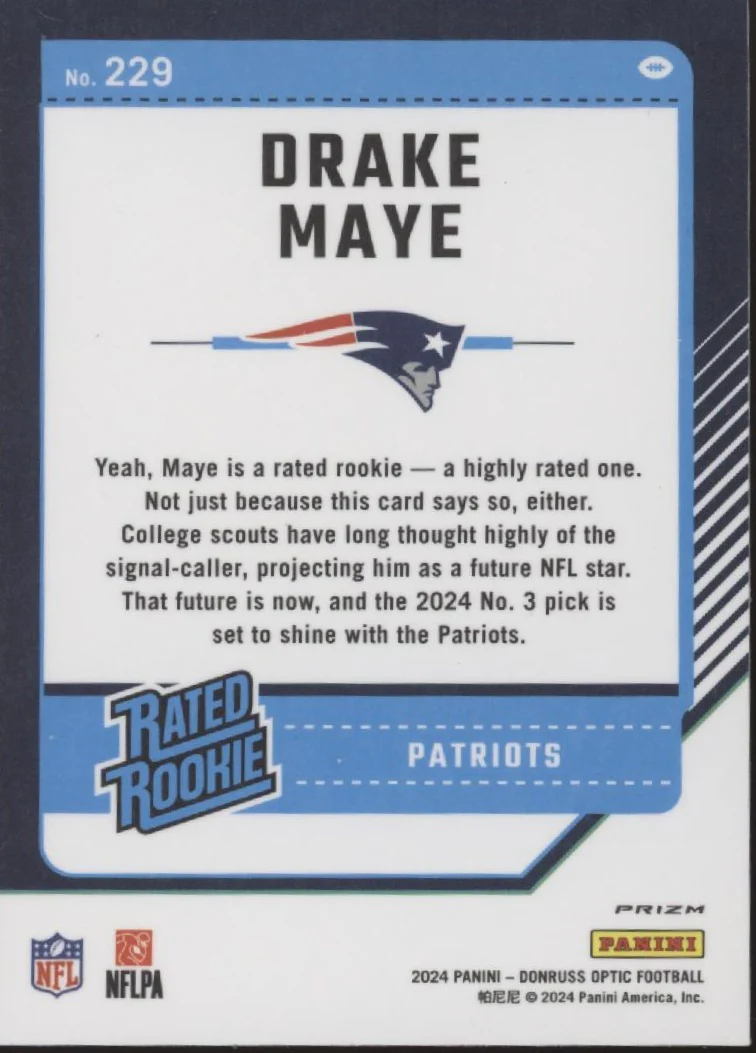 Drake Maye 2024 Panini Donruss Optic Rated Rookie Purple Shock Prizm RC #229 - Image 2