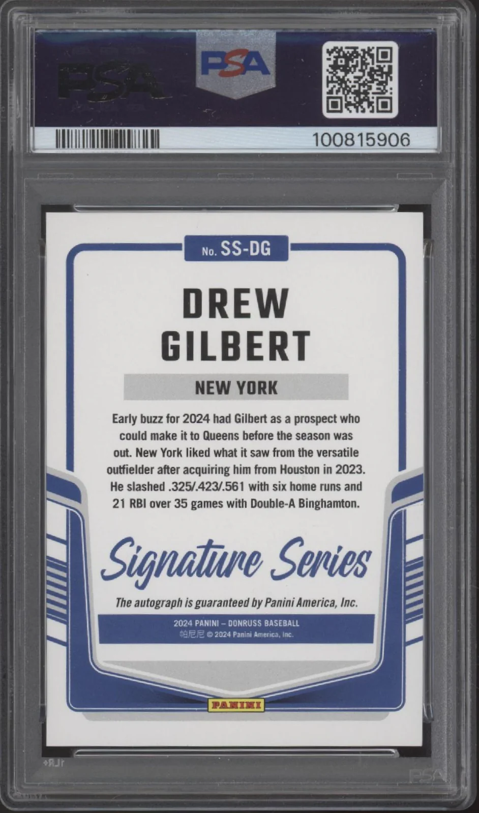 Drew Gilbert 2024 Panini Donruss Signature Series Red Auto 22/99 #SS-DG PSA 9 - Image 2