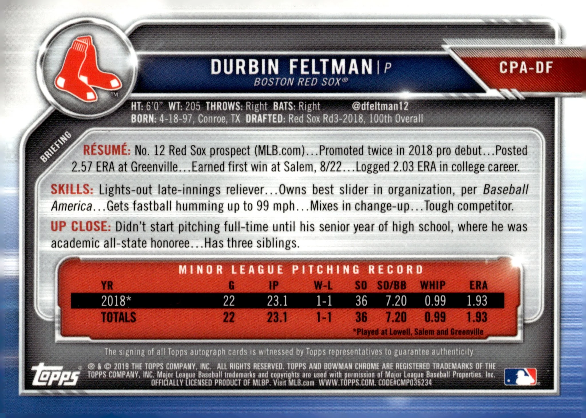Durbin Feltman 2019 Bowman Chrome Purple Refractor Auto 137/250 #CPA-DF - Image 2