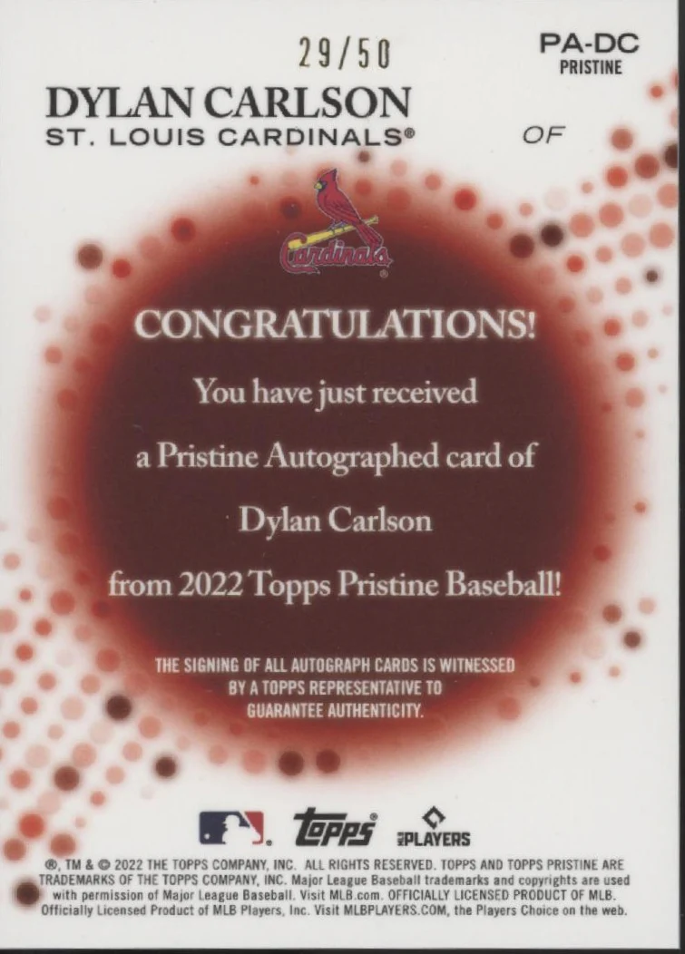 Dylan Carlson 2022 Topps Pristine Orange Pulsar Refractor Auto 29/50 #PA-DC - Image 2