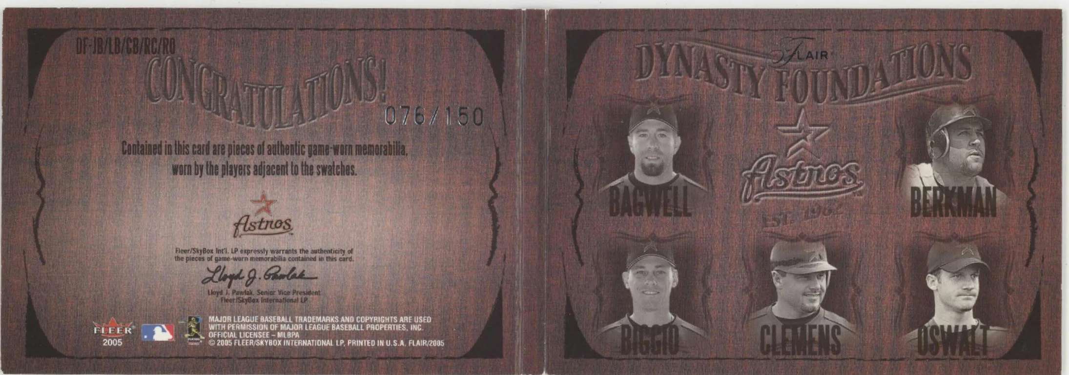 Dynasty Foundations 2005 Fleer Houston Astros Swatch Booklet 076/150 - Image 2