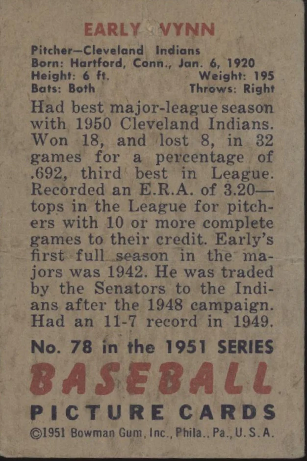 Early Wynn 1951 Bowman #78 Cleveland Indians GD - Image 2
