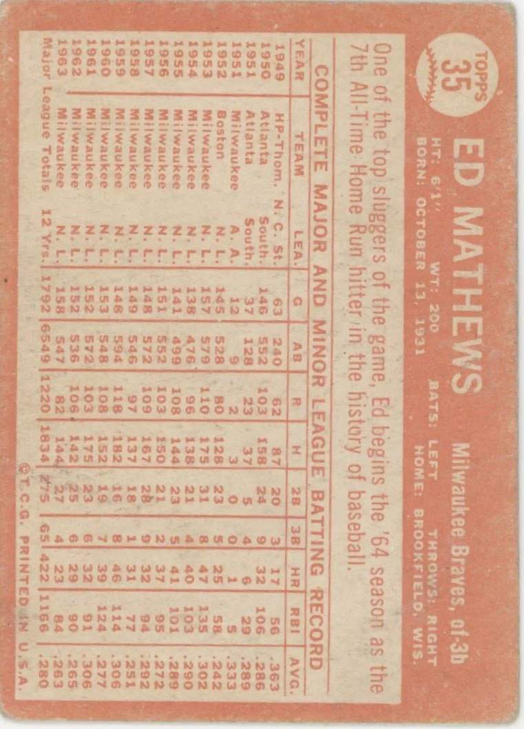 Ed Mathews 1964 Topps #35 Milwaukee Braves VG - Image 2