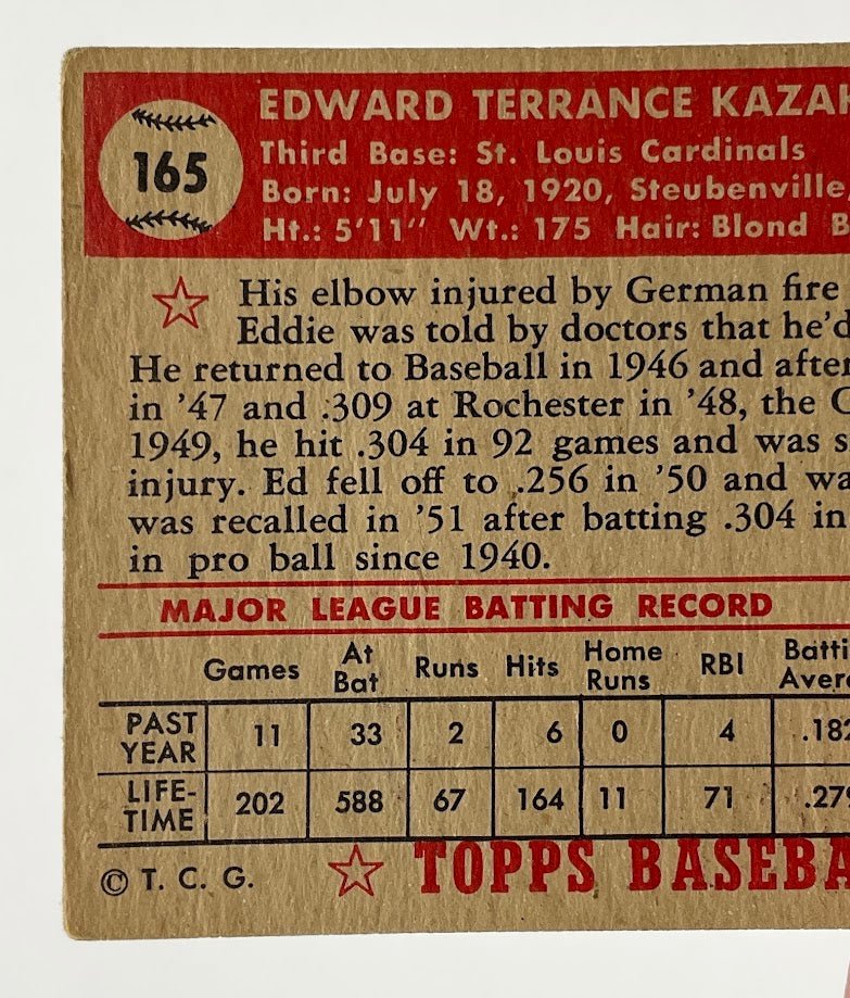 Eddie Kazak 1952 Topps #165 St Louis Cardinals VG - Image 5